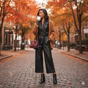 Anthro's Maeve Black Faux Leather Jumpsuit